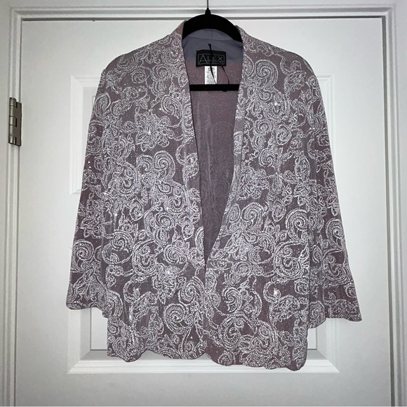 ALEX Evenings Embellished Metallic Shimmer Glitter Hook Closure Jacket - Picture 4 of 8